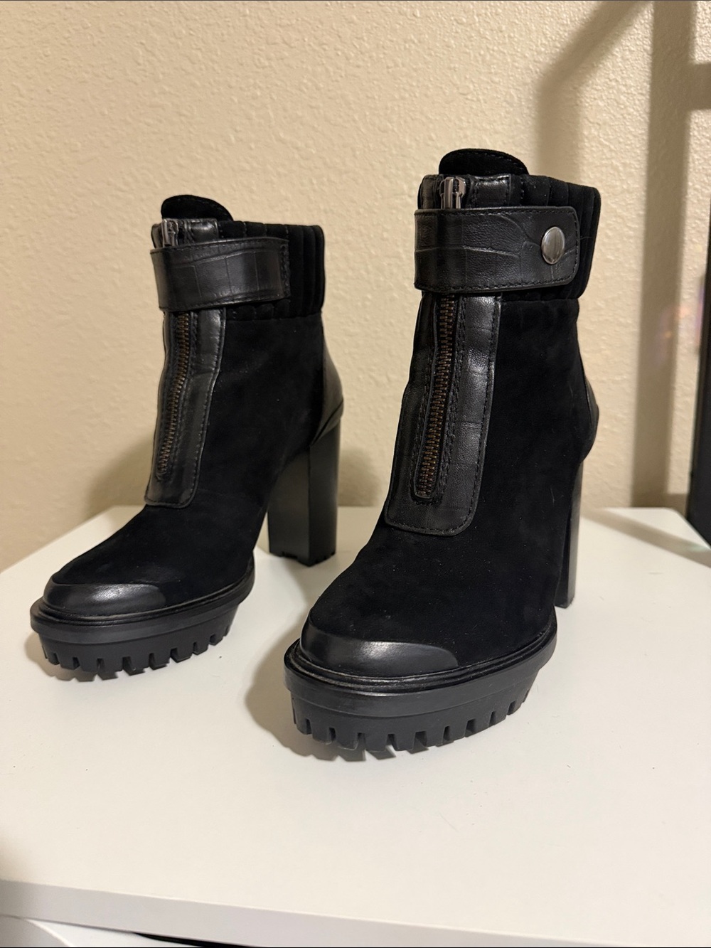 Vince Camuto Black Suede Platform Ankle Boots with Front Zip